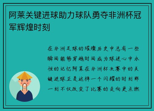 阿莱关键进球助力球队勇夺非洲杯冠军辉煌时刻